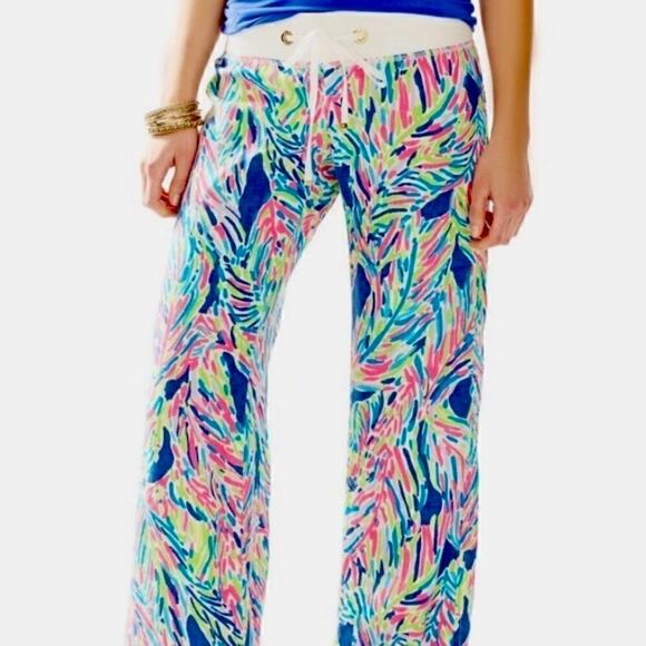 Lilly Pulitzer Linen Beach Pant Size XS in Indigo Palm Reader Print EEUC - Picture 2 of 2